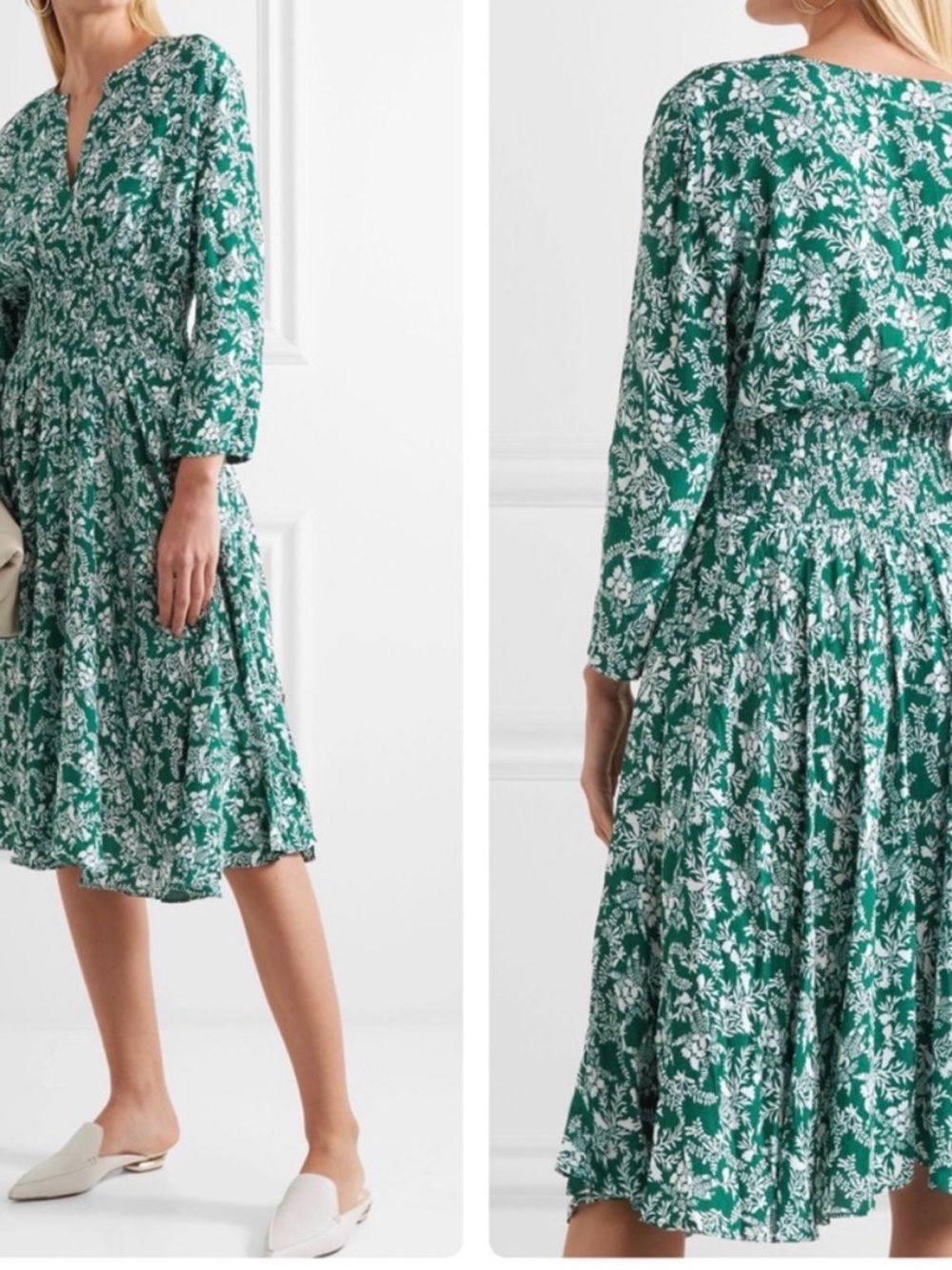 Maje Green Rayelle Shirred‎ Floral Crepe Midi Dress